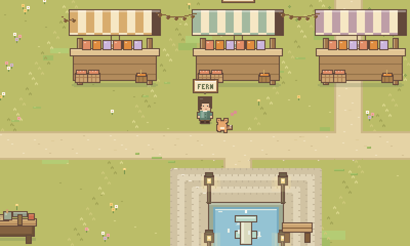 Fernwood town square: three striped market stalls above a fountain plaza with lamp posts and a bench