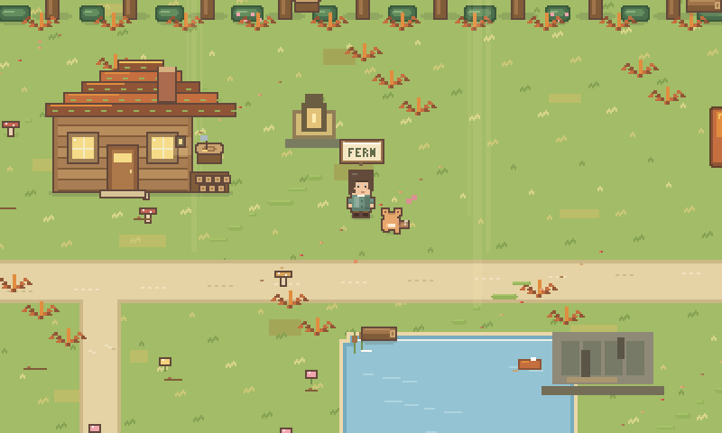 Mosswood Forest: a log cabin, a small pond, fallen leaves and dirt trails